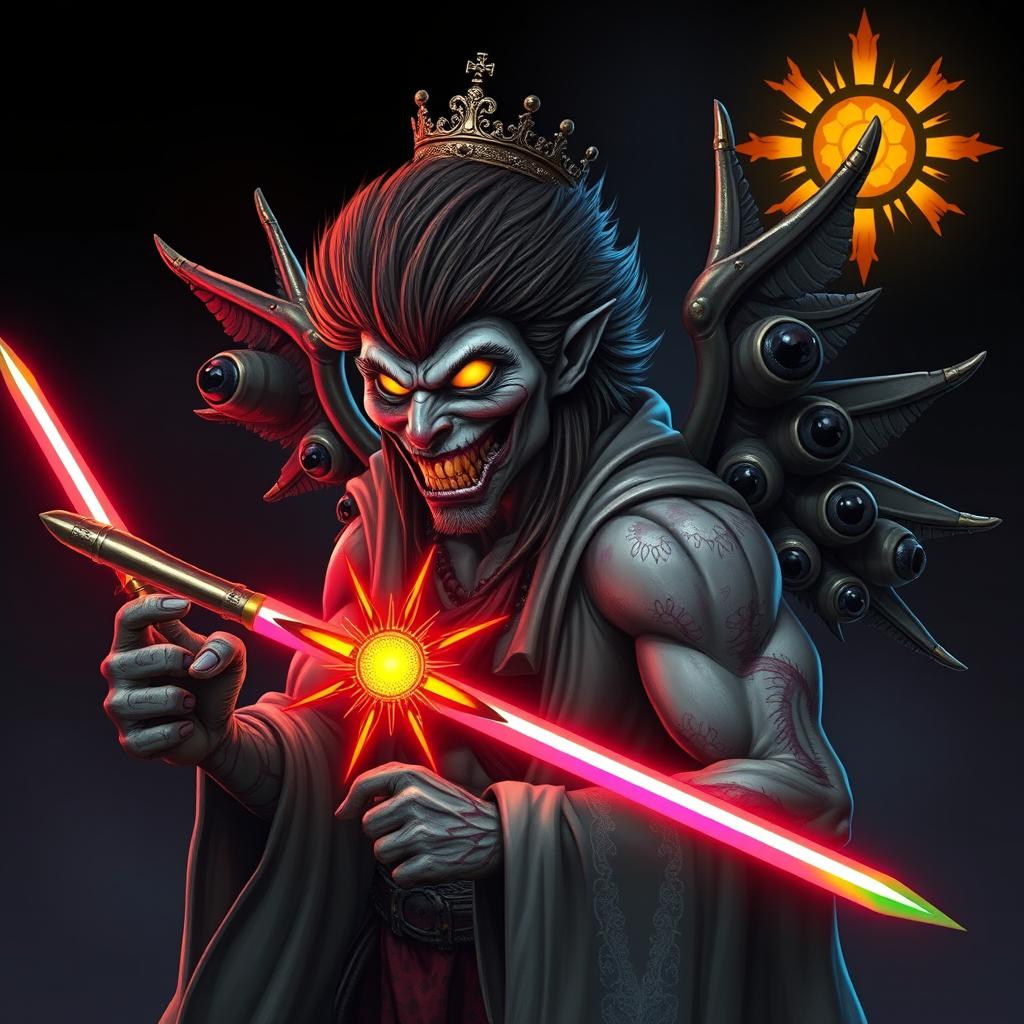 A muscular vampire-zombie hybrid with a furry head crowned with an ornate crown