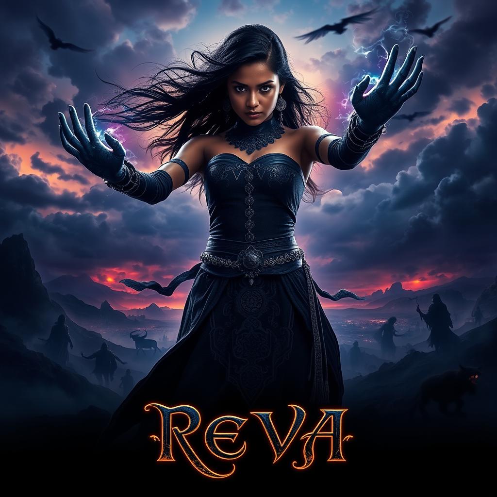 A captivating mythical movie poster for 'Reva', featuring a young, dark beautiful Indian woman wielding powerful black colored magical abilities