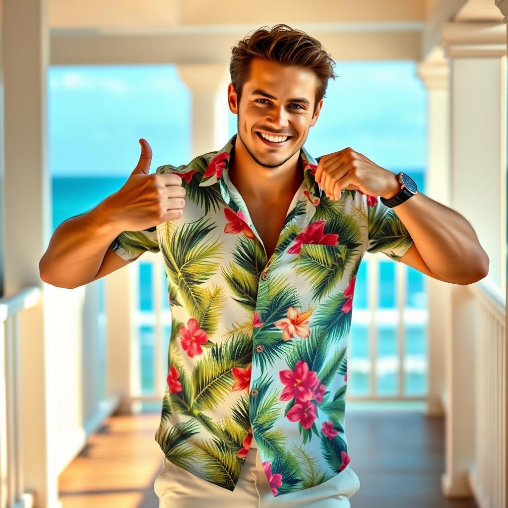 A male model confidently posing while wearing a stylish, modern button-up shirt
