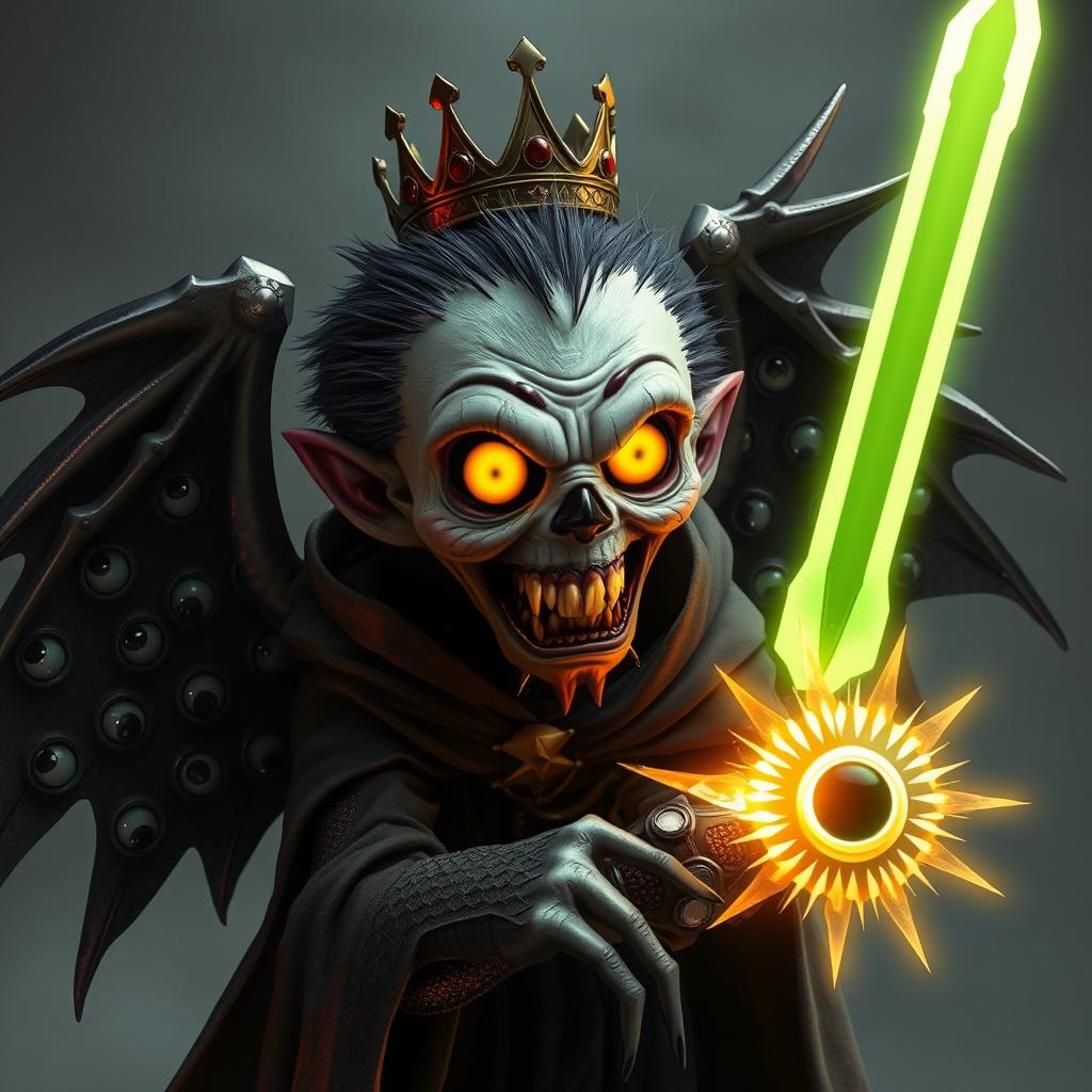 A vampire-zombie hybrid with a furry head topped with a crown