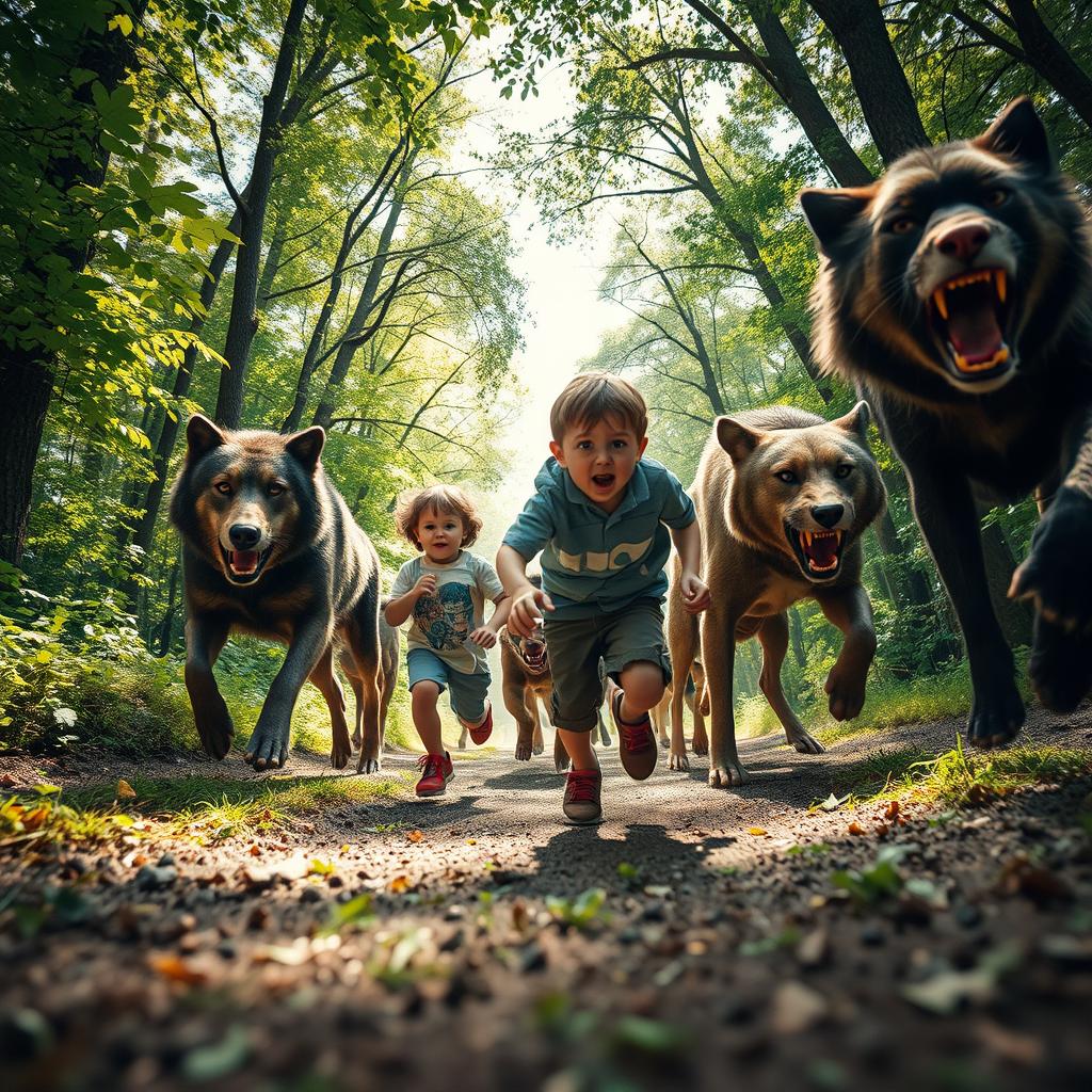 Two children in a thrilling scene, being chased by a pack of wild beasts