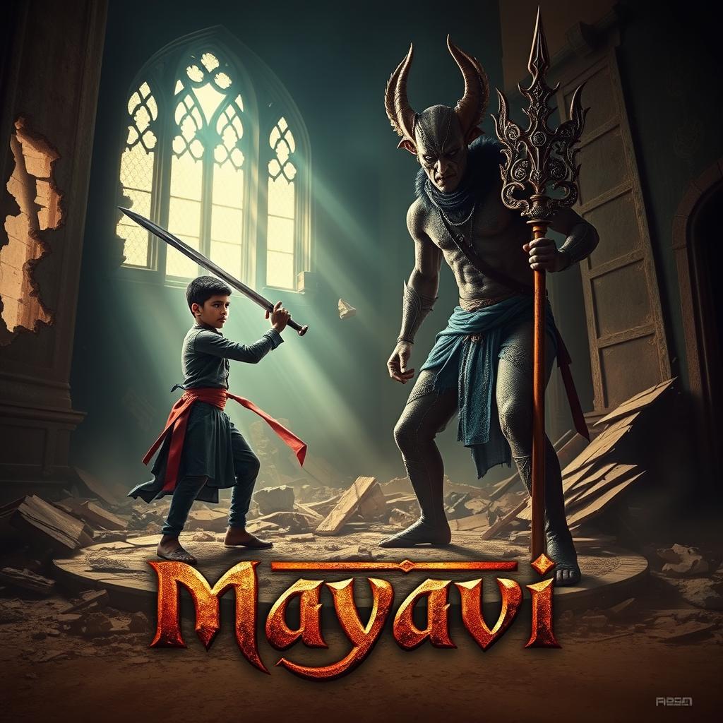 A dramatic movie poster for 'Mayavi', featuring a young Asur in a human body, wielding a magical sword, standing defiantly as he prepares to confront a powerful Indian Asur armed with a magical trident