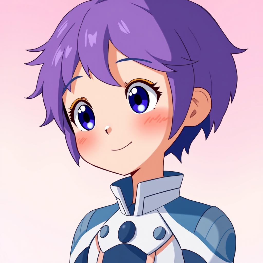 An animated character with short, tousled purple hair and large round eyes, wearing a futuristic blue and white uniform