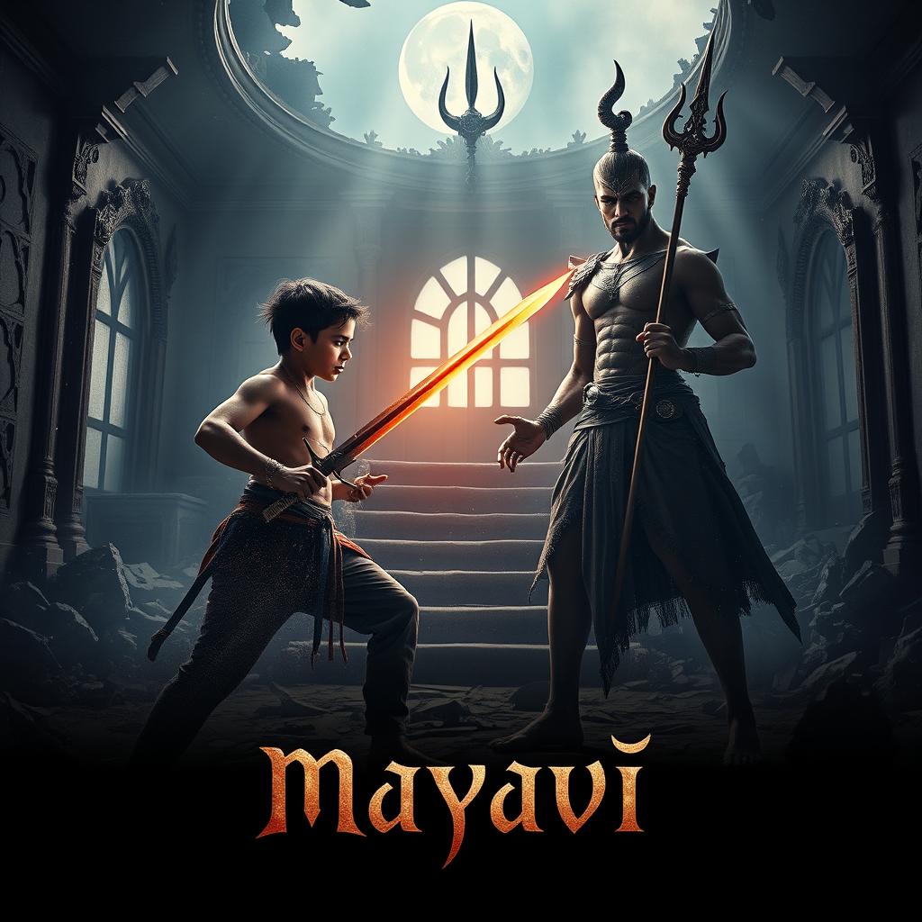 A striking movie poster for 'Mayavi', featuring a young Asur man in a human body, gripping a magical sword with fierce determination