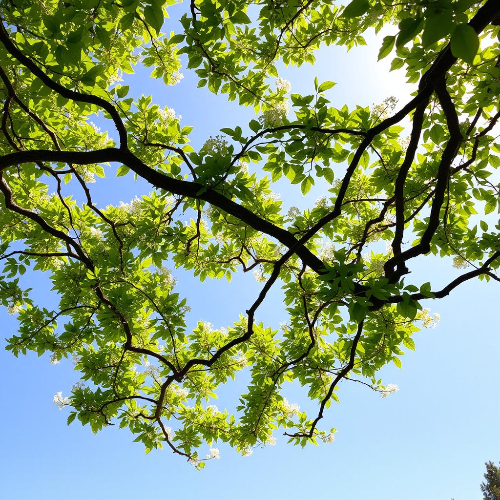 A beautiful and serene landscape showcasing branches of a tree spreading elegantly to the sides, lush green leaves glistening under soft sunlight, a clear blue sky in the background, and a gentle breeze rustling the foliage, creating a peaceful atmosphere