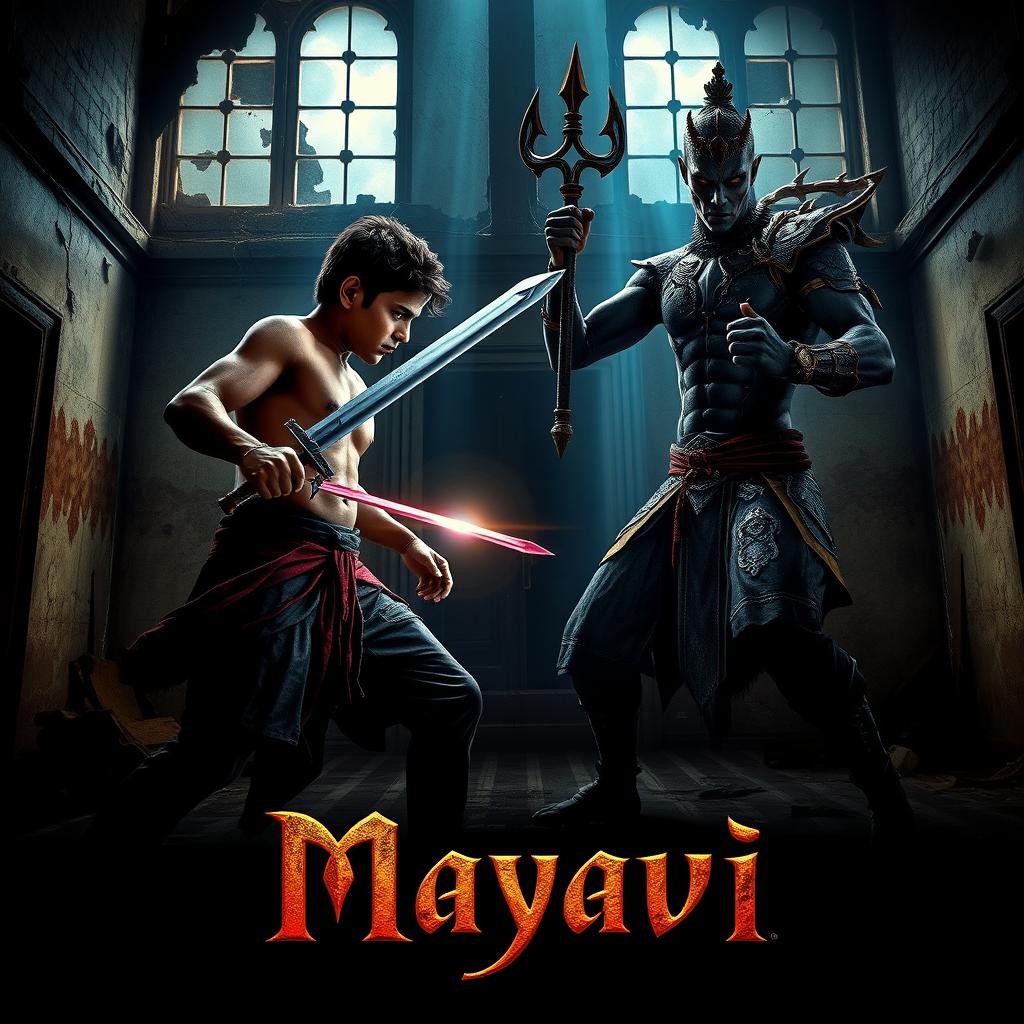 A stunning movie poster for 'Mayavi', depicting a dramatic showdown between an Asur man in a human body, holding a magical sword, and a powerful Indian Asur man wielding a magical trident