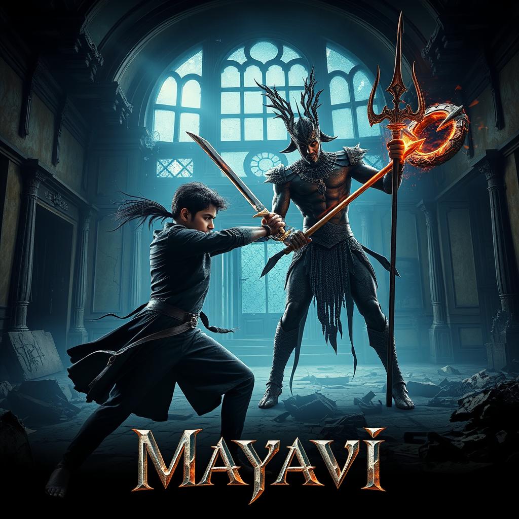 A mythical movie poster for 'Mayavi', showcasing an intense confrontation between an Asur man in a human body, brandishing a magical sword, and a more powerful Indian Asur wielding a magical trident