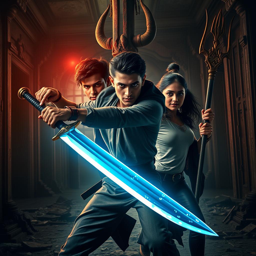 A realistic cinematic action-horror magical thrill film poster, featuring Maya, a young Indian Asur man, wielding a magical sword with a look of fierce determination