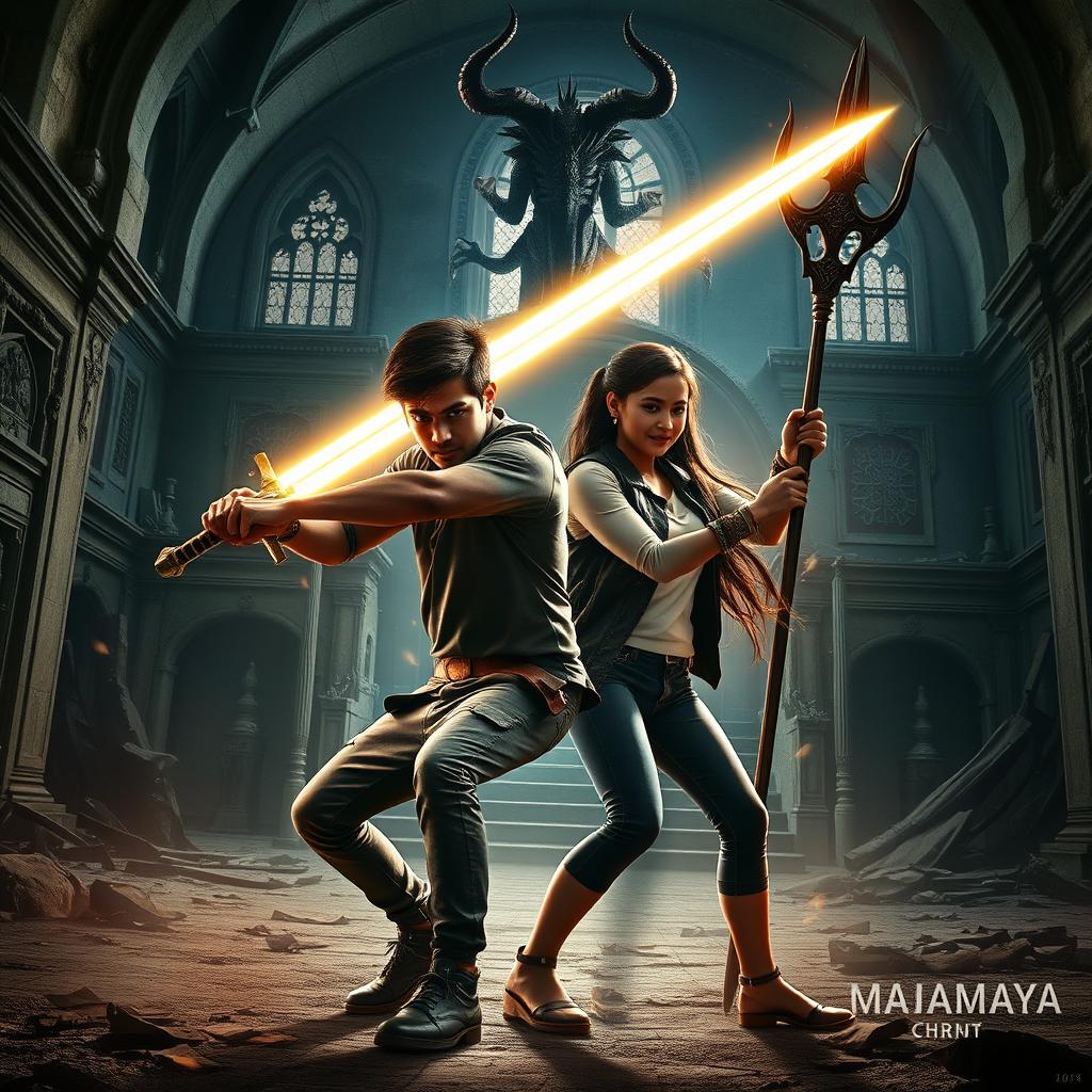 A realistic cinematic action-horror magical thrill film poster featuring Maya, a young Indian Asur man, armed with a glowing magical sword, poised for battle