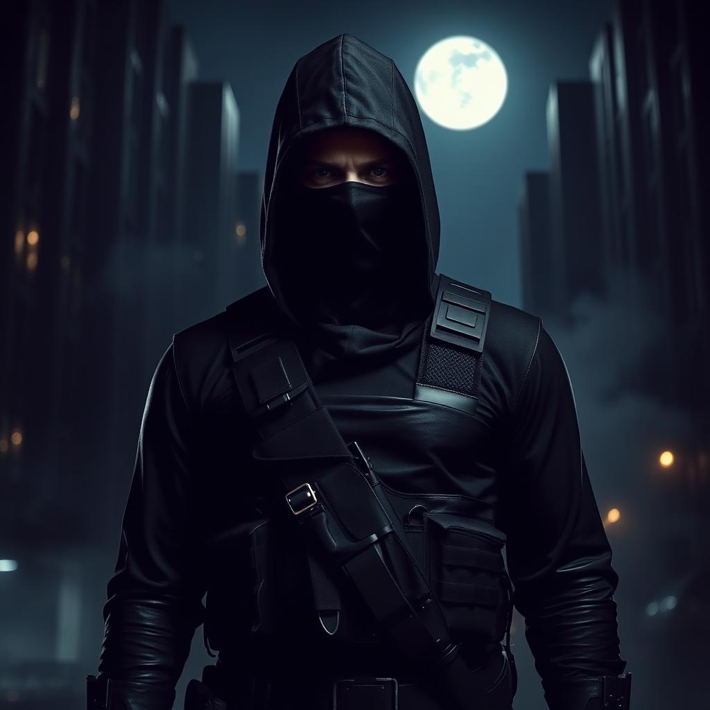 A mysterious assassin wearing a black mask, standing stealthily in the middle of a dark, moonlit night