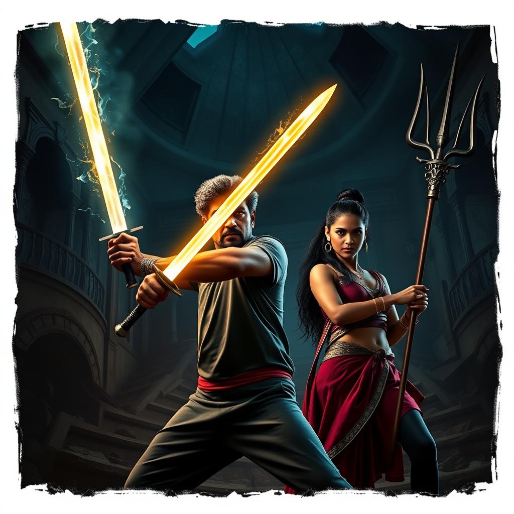 A realistic cinematic action-horror magical thrill film poster featuring Maya, an Indian Asur man, wielding a glowing magical sword with a fierce expression as he prepares for battle