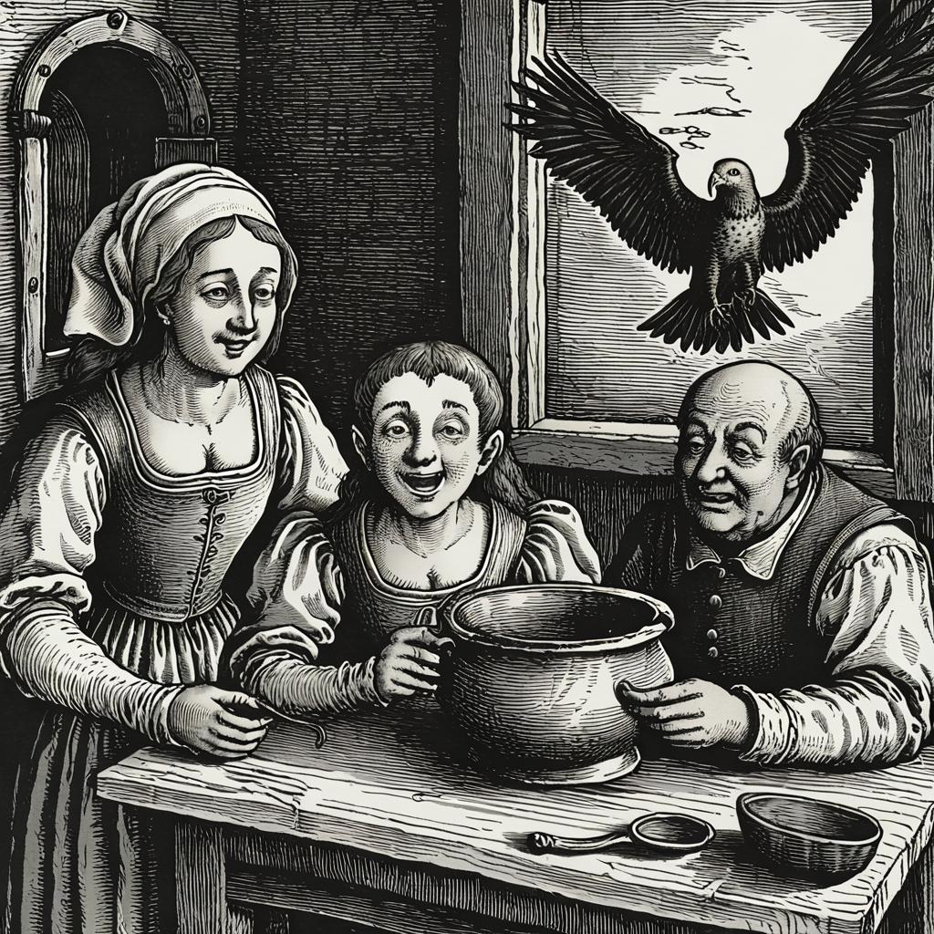 Create an image in the style of Albrecht Dürer's black and white drawings. in this image A girl's vanity leads to torment, illustrating the inner punishment of unmet needs. she is staring at the mirror but simultaneously her reflection in the mirror is distressed