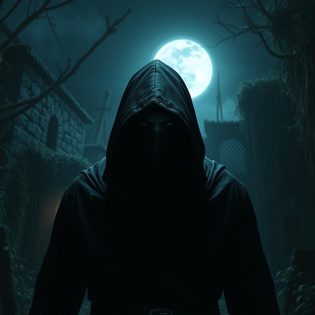 A mysterious assassin from an ancient kingdom, shrouded in darkness, wearing a black mask that obscures his features