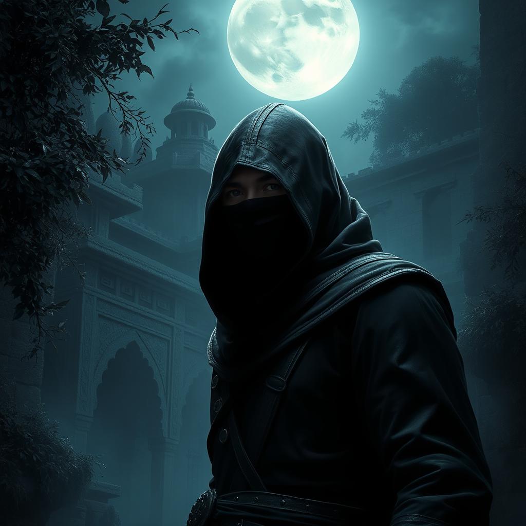 A stealthy assassin from an ancient kingdom, his face obscured by a sleek black mask, stands poised in the heart of the night