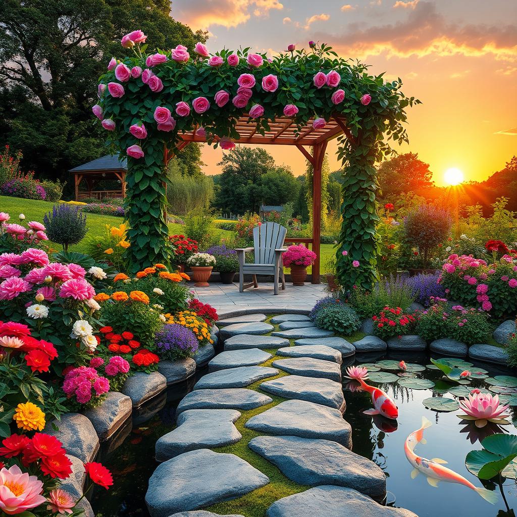 A beautiful garden filled with vibrant colors, featuring a central pergola structure adorned with lush greenery and blooming roses, set against a romantic sunset
