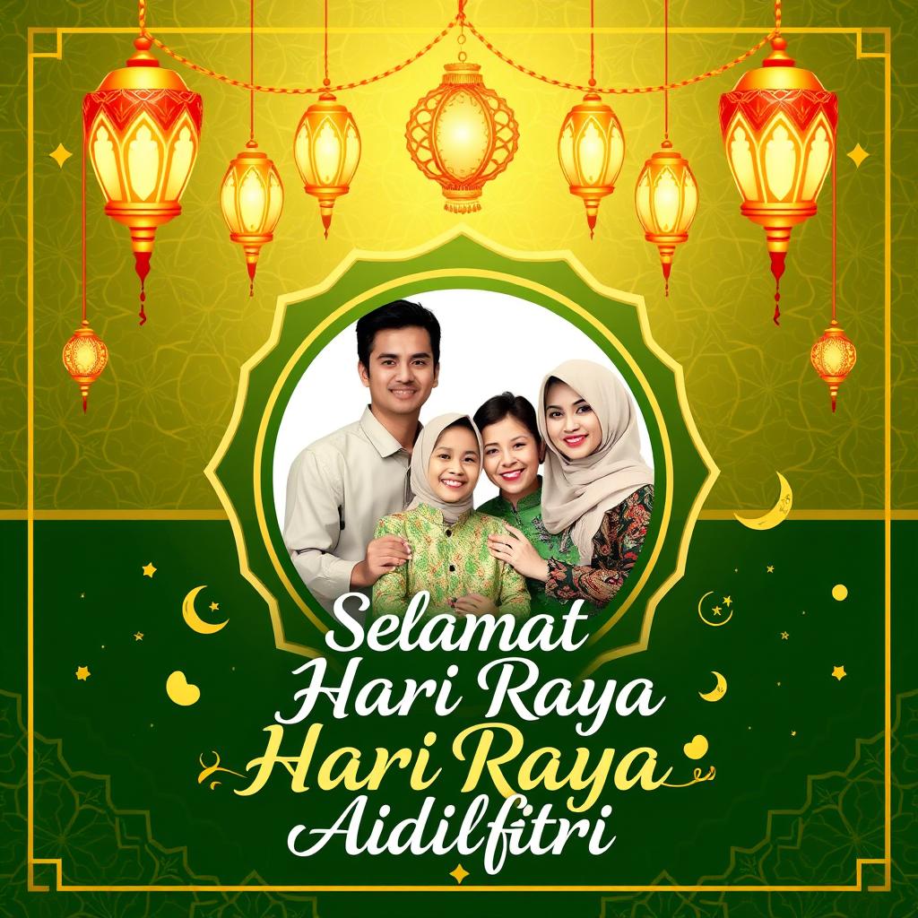 A festive Selamat Hari Raya Aidilfitri poster featuring a warm and celebratory atmosphere