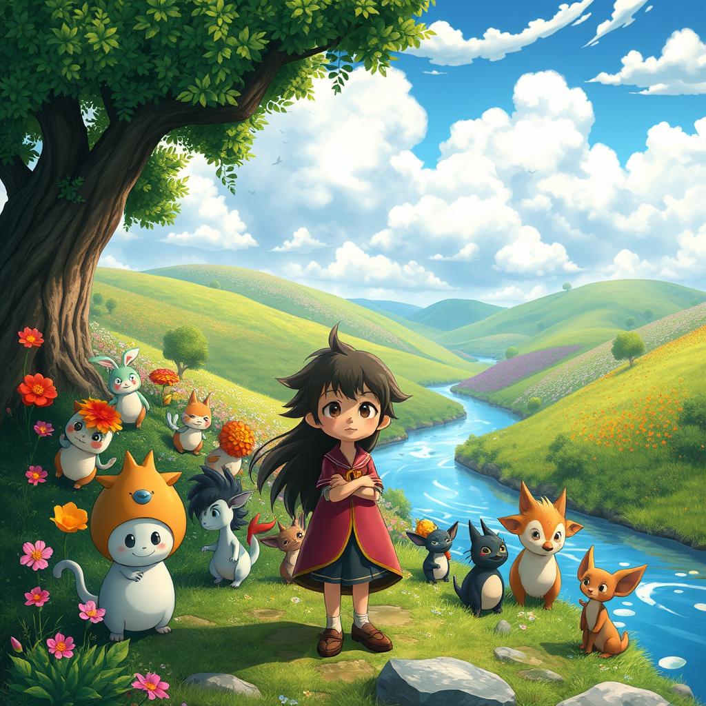 A whimsical, magical scene inspired by Studio Ghibli films, depicting a lush, mystical landscape with vibrant colors