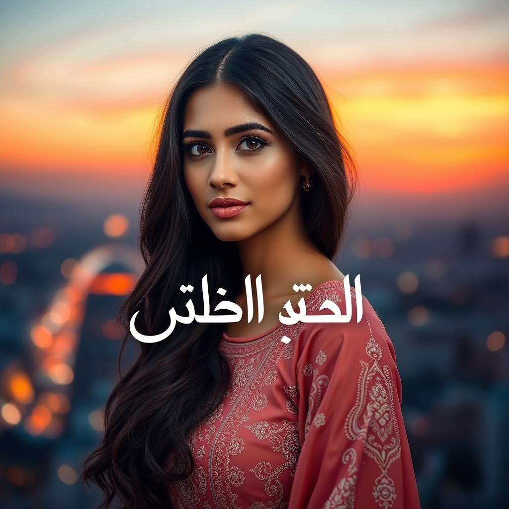 A portrait of a beautiful woman with long dark hair, wearing an elegant traditional Arabic dress with intricate designs