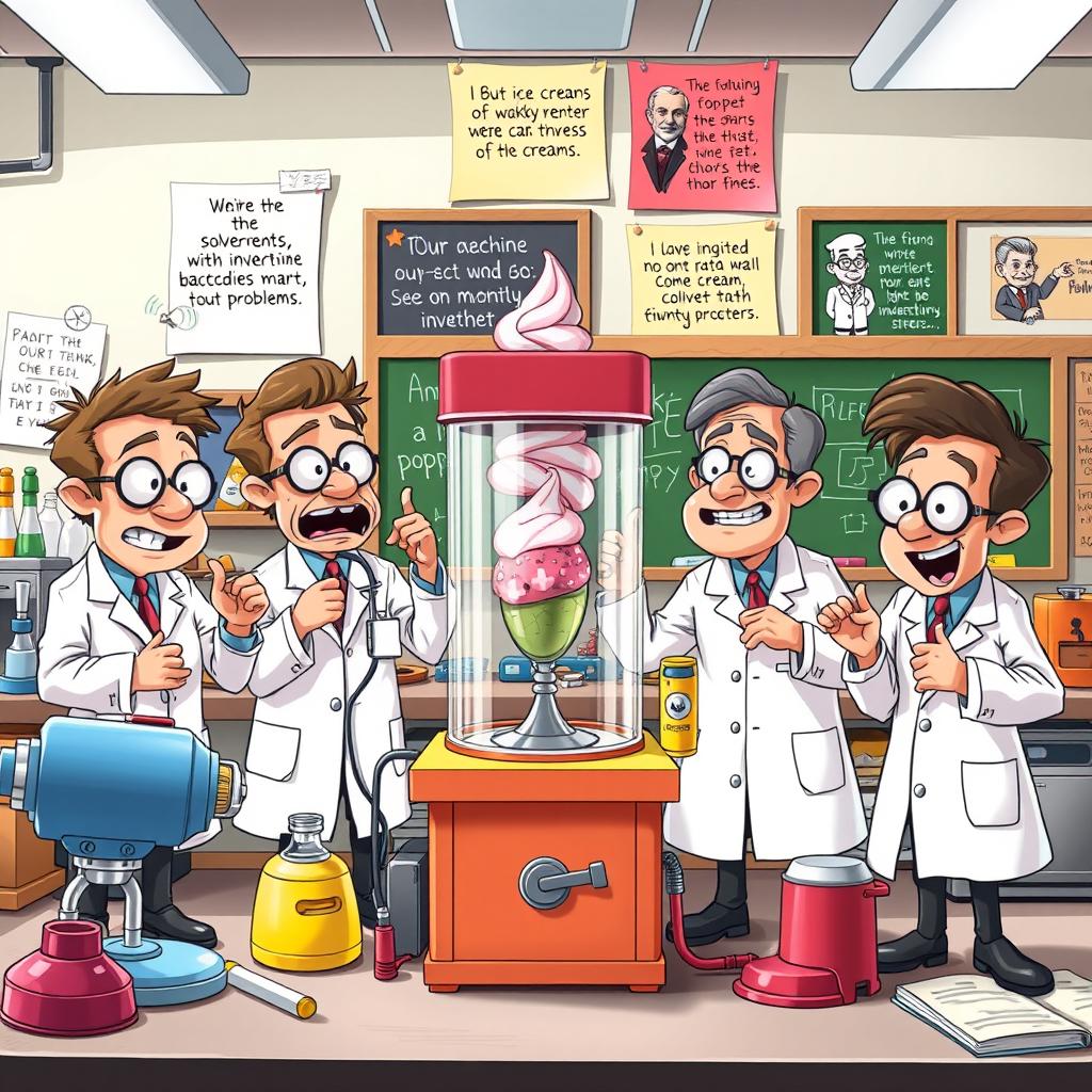 A whimsical scene depicting a group of cartoonish scientists in a laboratory, each with exaggerated expressions of concentration and excitement as they unveil a wacky invention - a machine that dispenses ice cream and solves math problems simultaneously