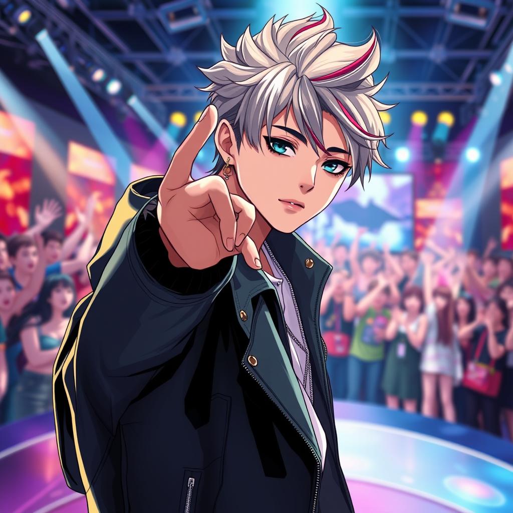 A striking anime character representing a male Korean idol, showcasing a stylish and modern look