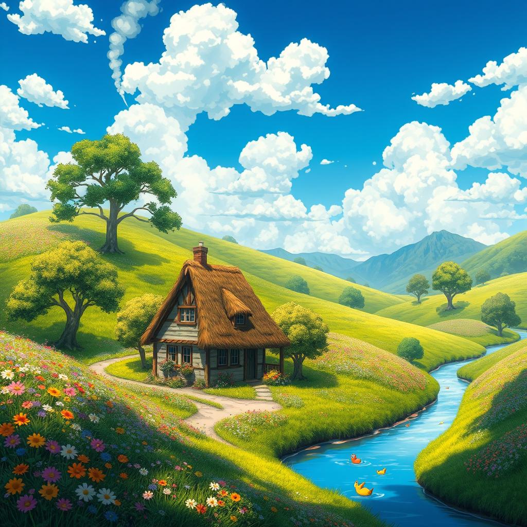 A whimsical and enchanting landscape in the style of Studio Ghibli, featuring lush rolling hills adorned with vibrant wildflowers
