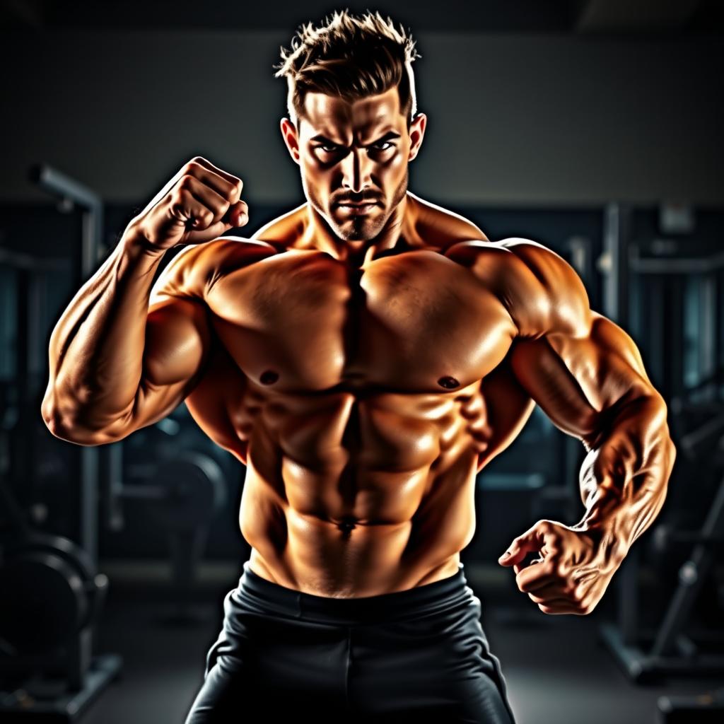 A muscular bodybuilder striking a powerful pose, showcasing his impressive physique in a gym setting