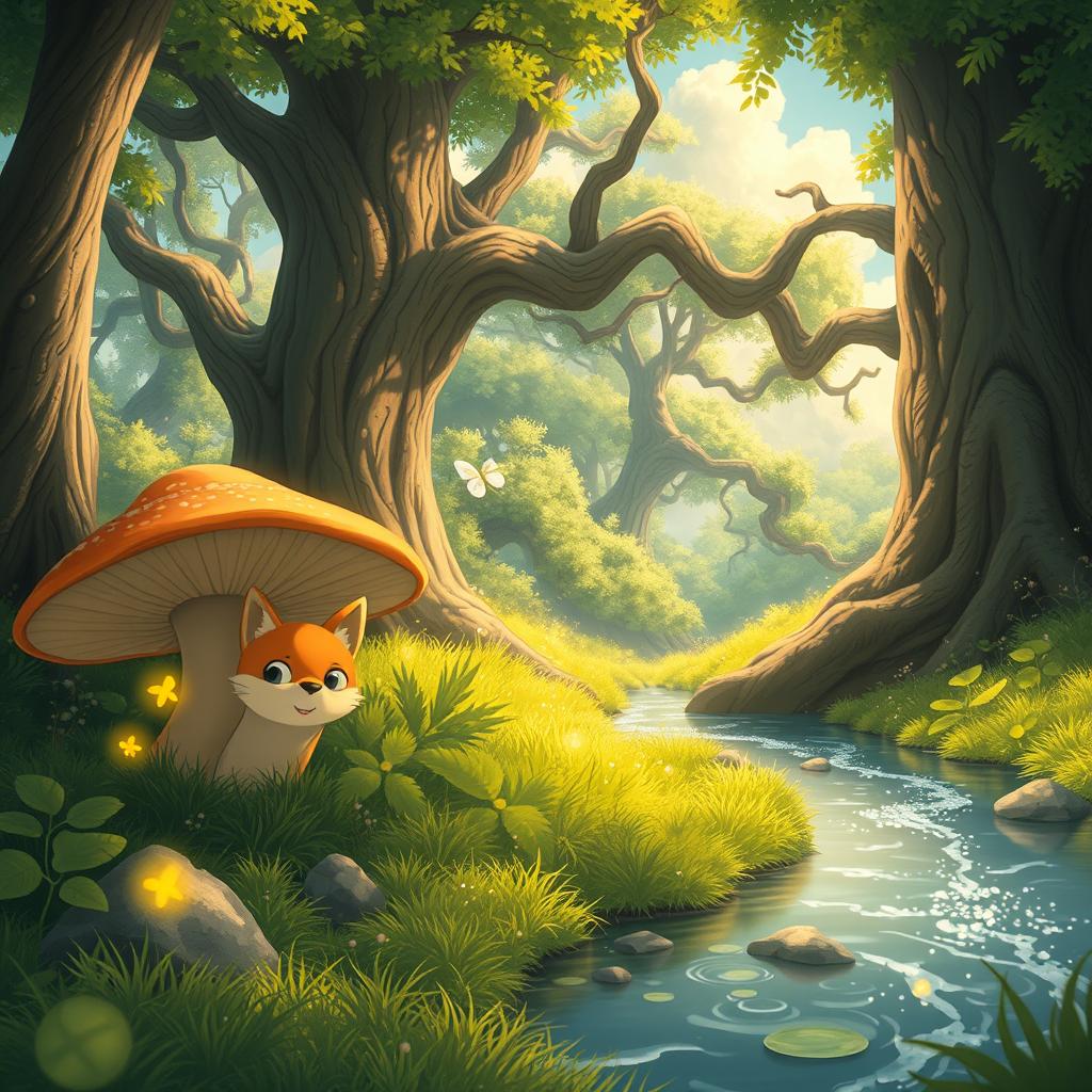 A whimsical forest scene in the enchanting style of Studio Ghibli, featuring lush, vibrant greenery and soft pastel colors