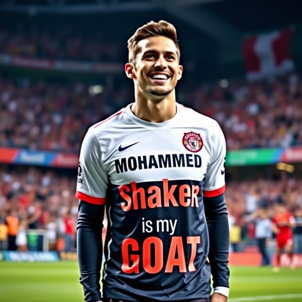 A vibrant sports scene featuring a famous football player wearing a football shirt that prominently displays the text: 'Mohammed Shaker is my GOAT'