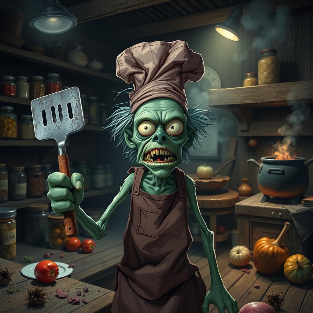 A whimsical zombie chef in a rustic kitchen, holding a spatula and wearing a tattered chef's hat and apron