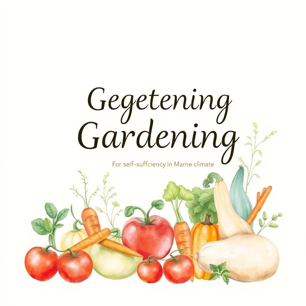 A minimalist watercolor book cover depicting the theme of vegetable gardening for self-sufficiency in a Marne climate
