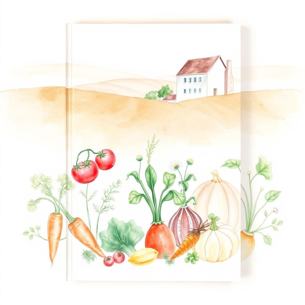 A minimalist watercolor book cover depicting the theme of vegetable gardening for self-sufficiency in a Marne climate