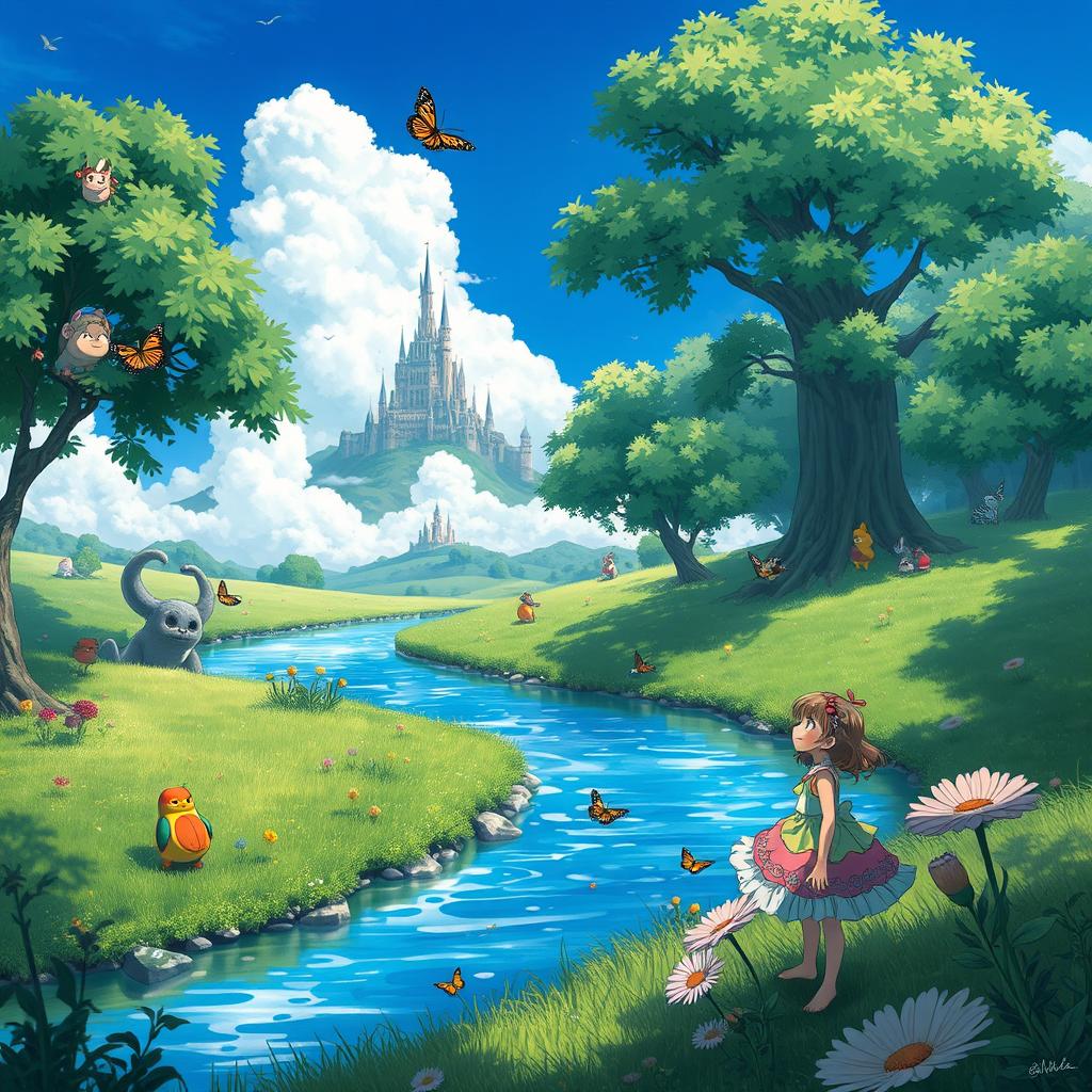 A captivating scene reminiscent of Ghibli's magical worlds, featuring a lush, green forest with whimsical creatures peeking from behind trees
