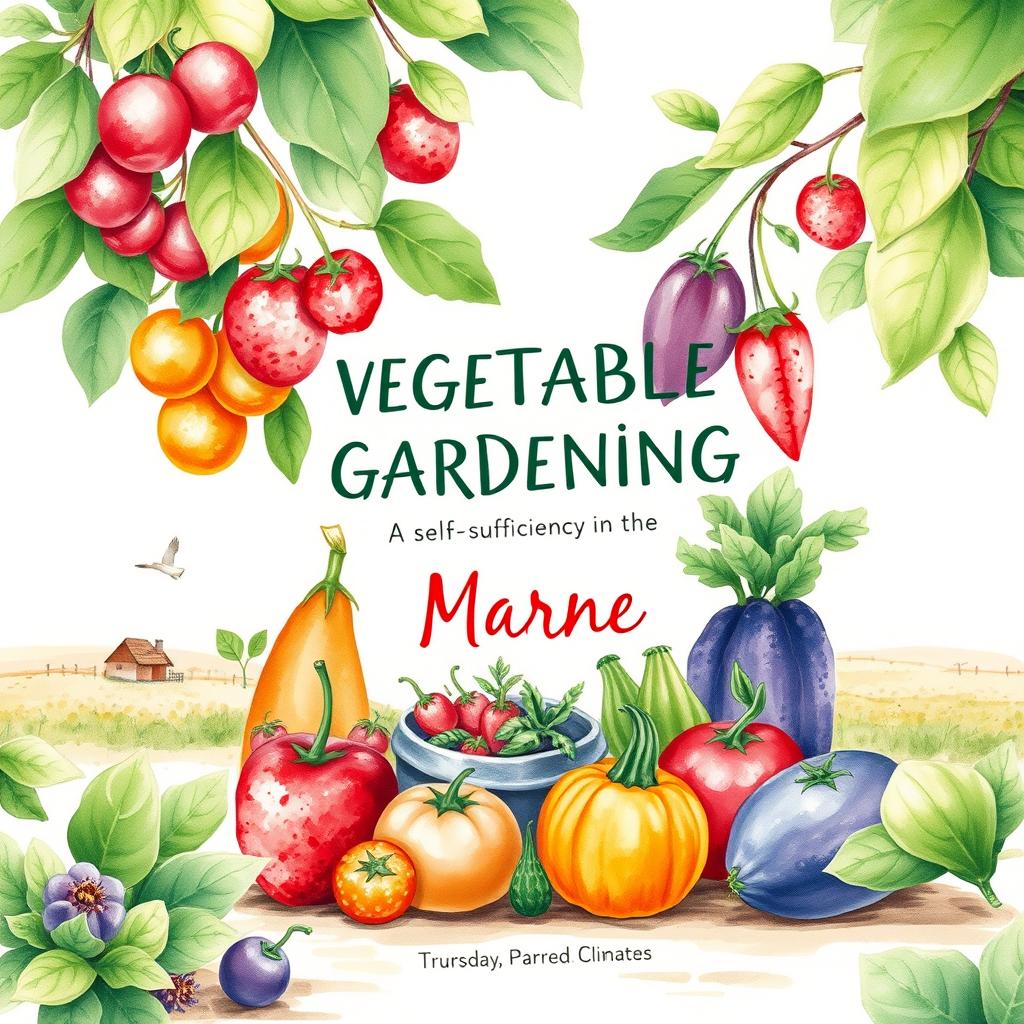 A watercolor book cover design featuring vibrant colors focused on the theme of vegetable gardening aimed at self-sufficiency in the Marne climate