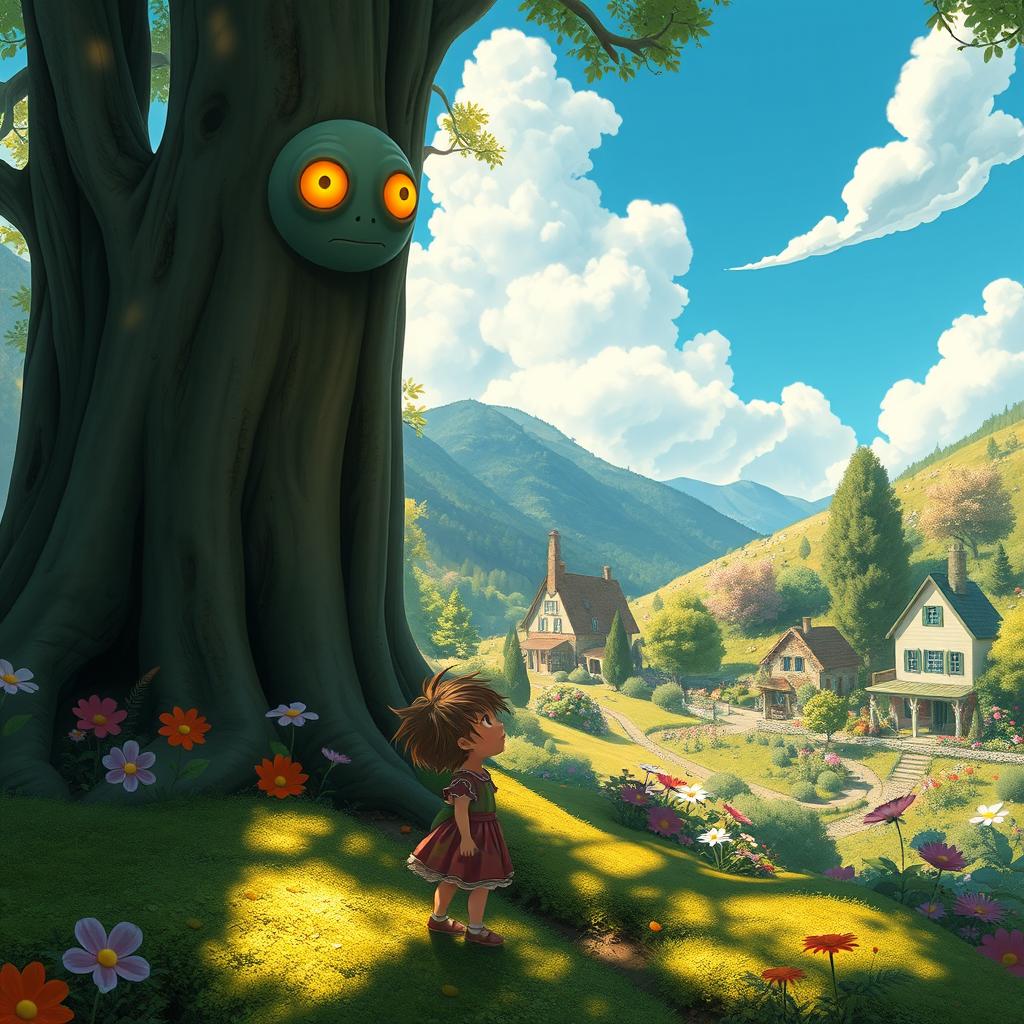 A whimsical and enchanting forest scene in the style of Studio Ghibli, featuring a vibrant, lush landscape filled with oversized flowers and magical creatures