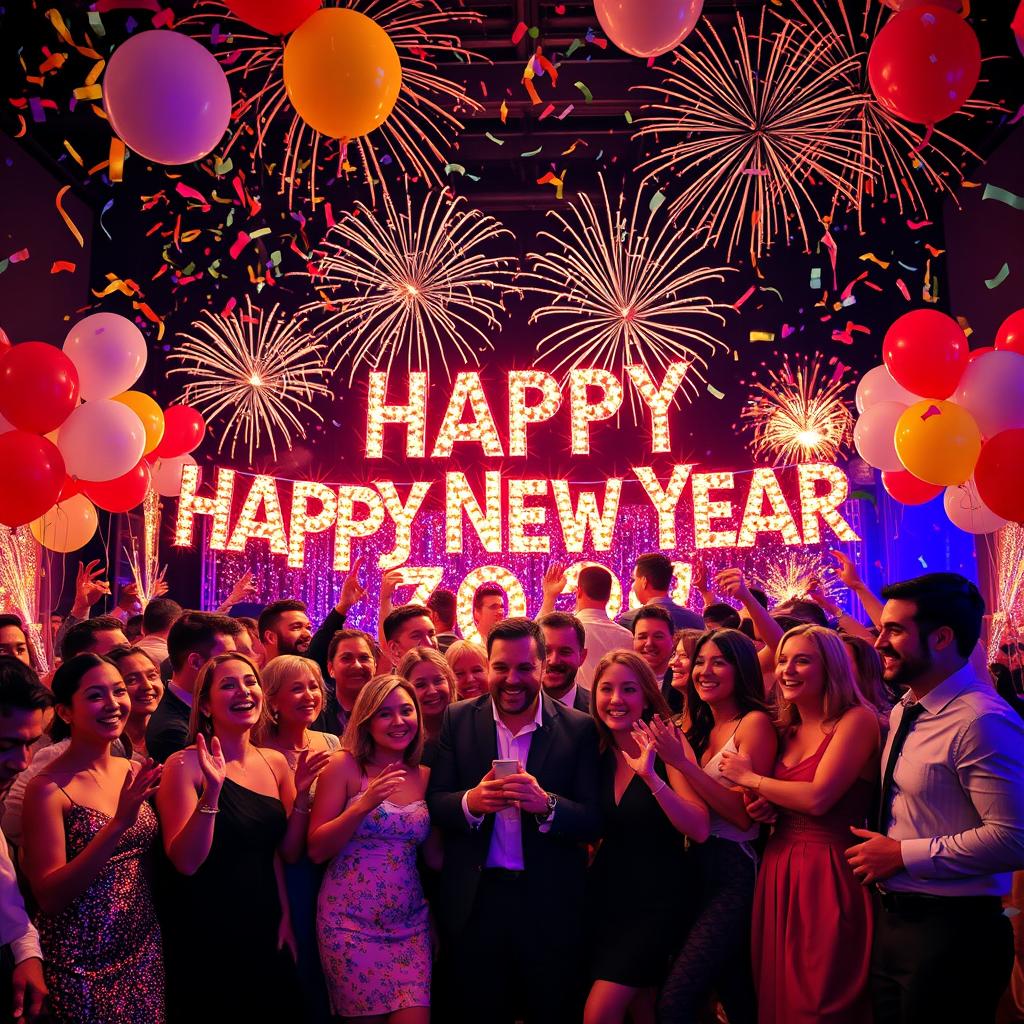 Happy New Year celebration with balloons, colorful confetti falling from the sky, vivid fireworks lighting up the night, people joyously celebrating together with smiles, dressed festively in elegant outfits, surrounded by glittering decorations and shimmering lights