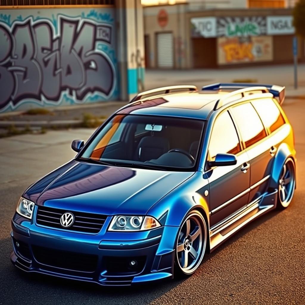 A modified 2001 VW Passat 3BG with a sleek widebody kit, showcasing an aggressive stance and enhanced aerodynamics