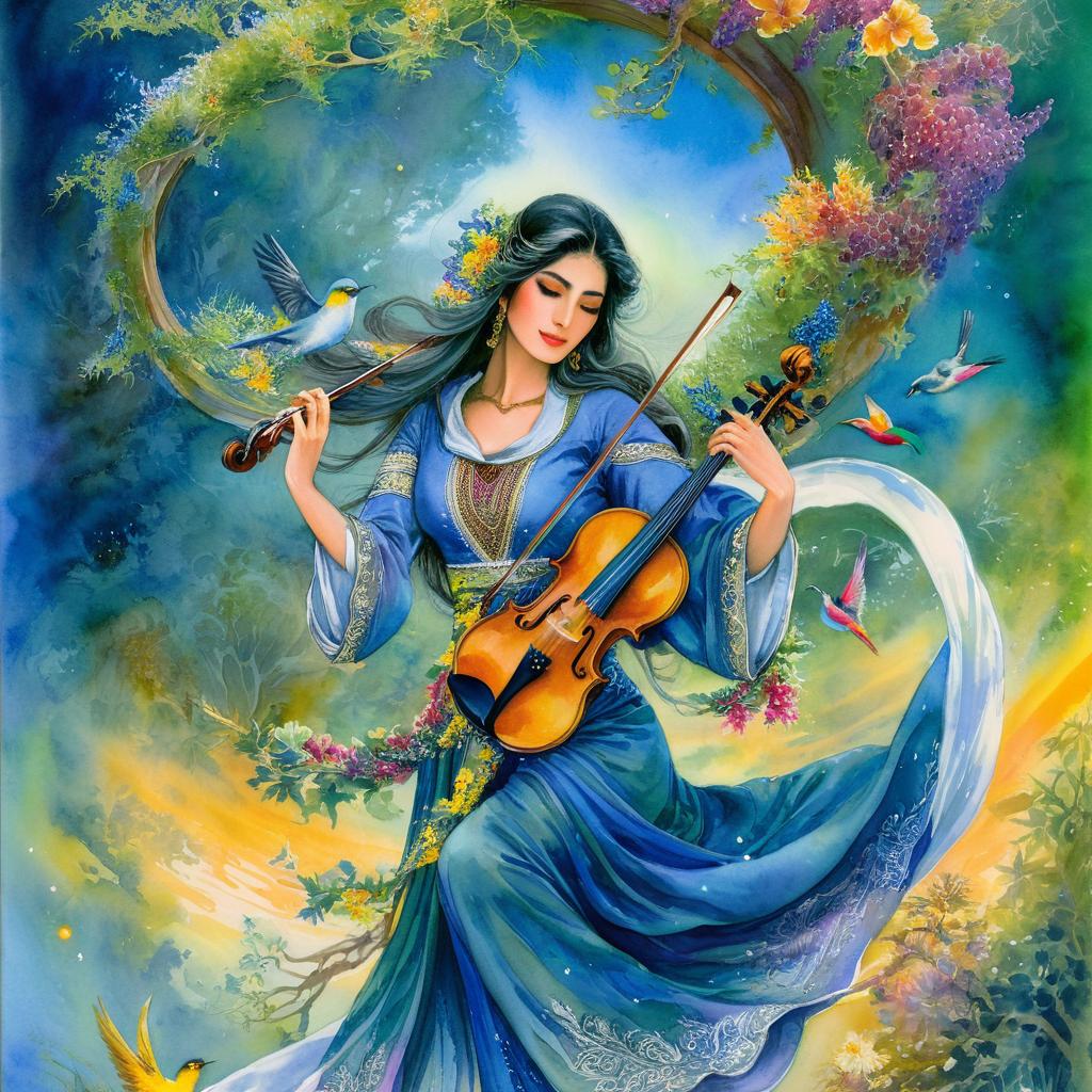 Mystical and spiritual watercolor painting of a beautiful Iranian woman in traditional dress playing the violin, suspended in the air in a swirl of multicolored flowers, a maze of asymmetrical bonsai trees, a whirlwind of beautiful birds, and a forest of grapes in a spectrum of green, yellow, and blue.