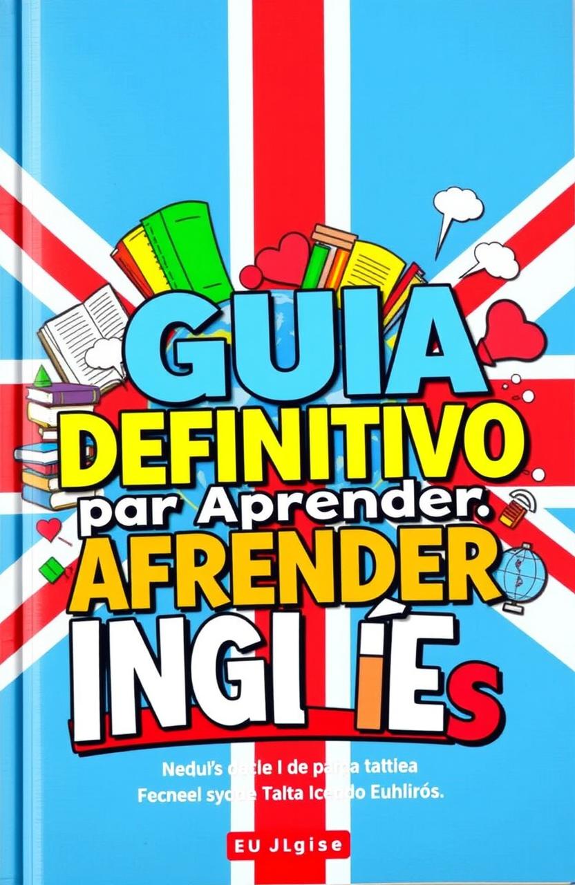 A vibrant book cover titled "Guia Definitivo para Aprender Inglês" prominently displayed in bold letters