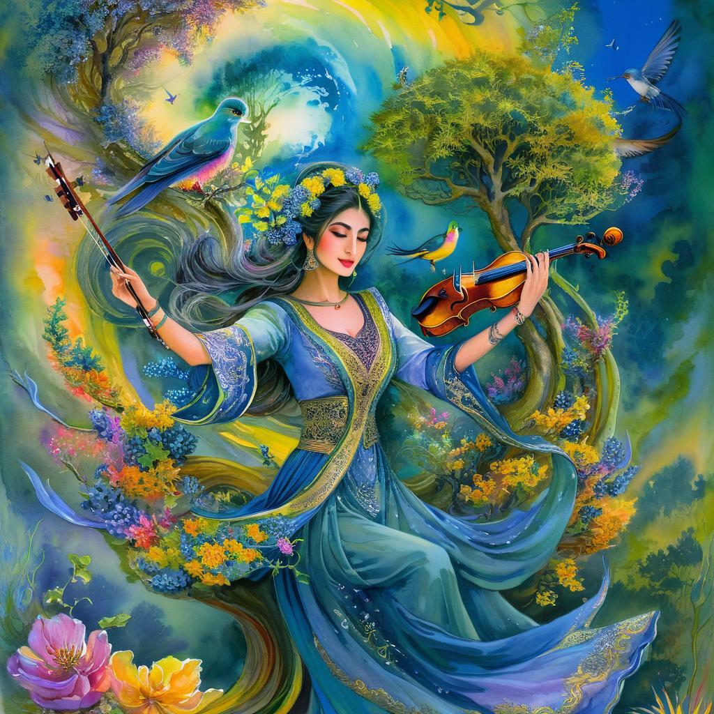 Mystical and spiritual watercolor painting of a beautiful Iranian woman in traditional dress playing the violin, suspended in the air in a swirl of multicolored flowers, a maze of asymmetrical bonsai trees, a whirlwind of beautiful birds, and a forest of grapes in a spectrum of green, yellow, and blue.