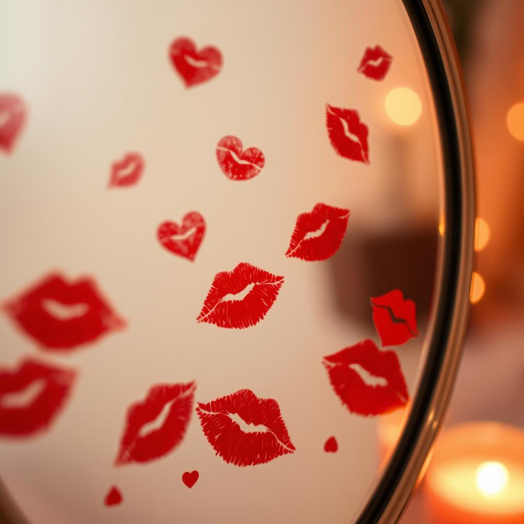 A close-up image of a foggy mirror with vibrant red lipstick kisses scattered across its surface