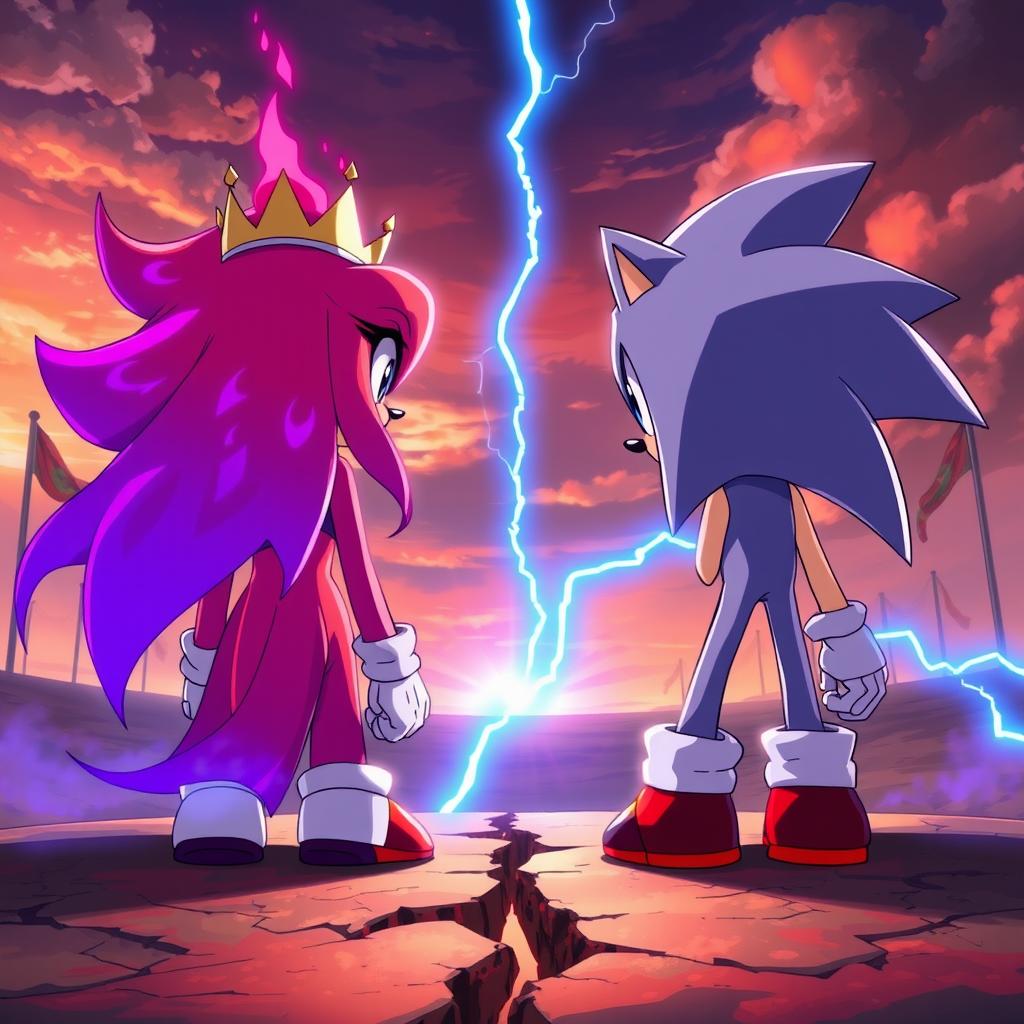 A realistic anime-style illustration featuring Blaze and Sonic from the back, positioned as if they are on opposing sides
