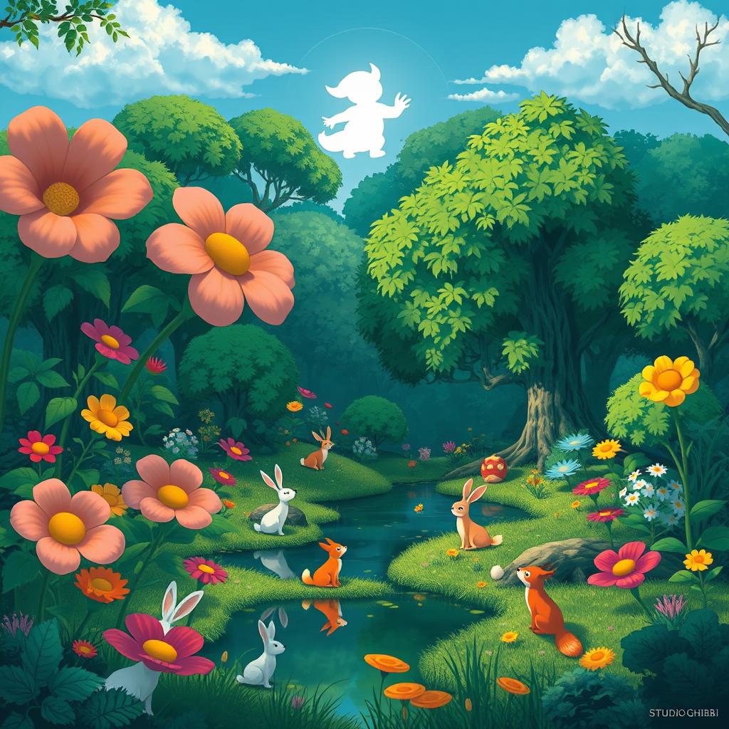 A whimsical forest landscape featuring vibrant, oversized flowers and lush green trees, with playful woodland creatures such as rabbits and foxes