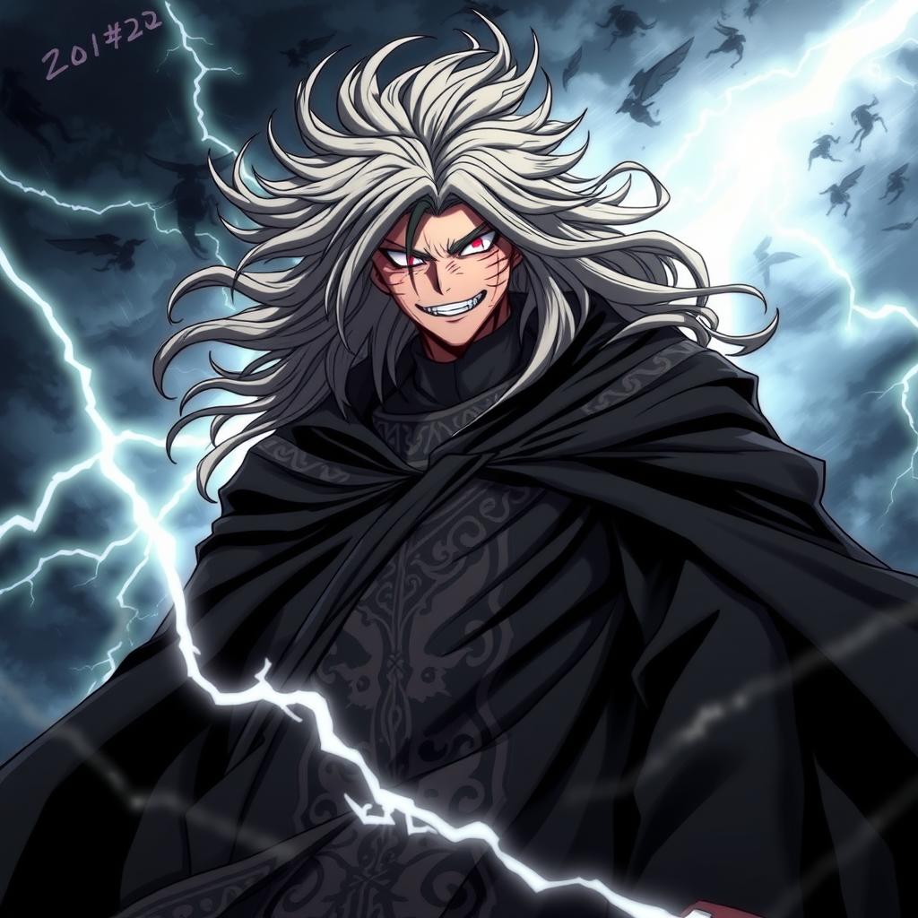 An imposing anime villain character, cloaked in a dark, flowing robe adorned with intricate designs