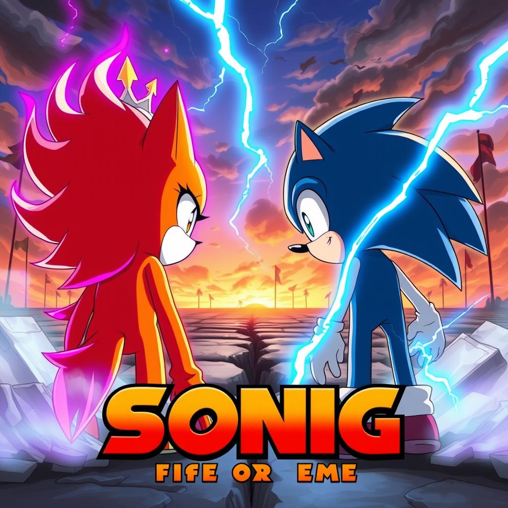 A realistic anime-style illustration featuring Blaze the Cat and Sonic the Hedgehog from the back, positioned as if they are on opposing sides