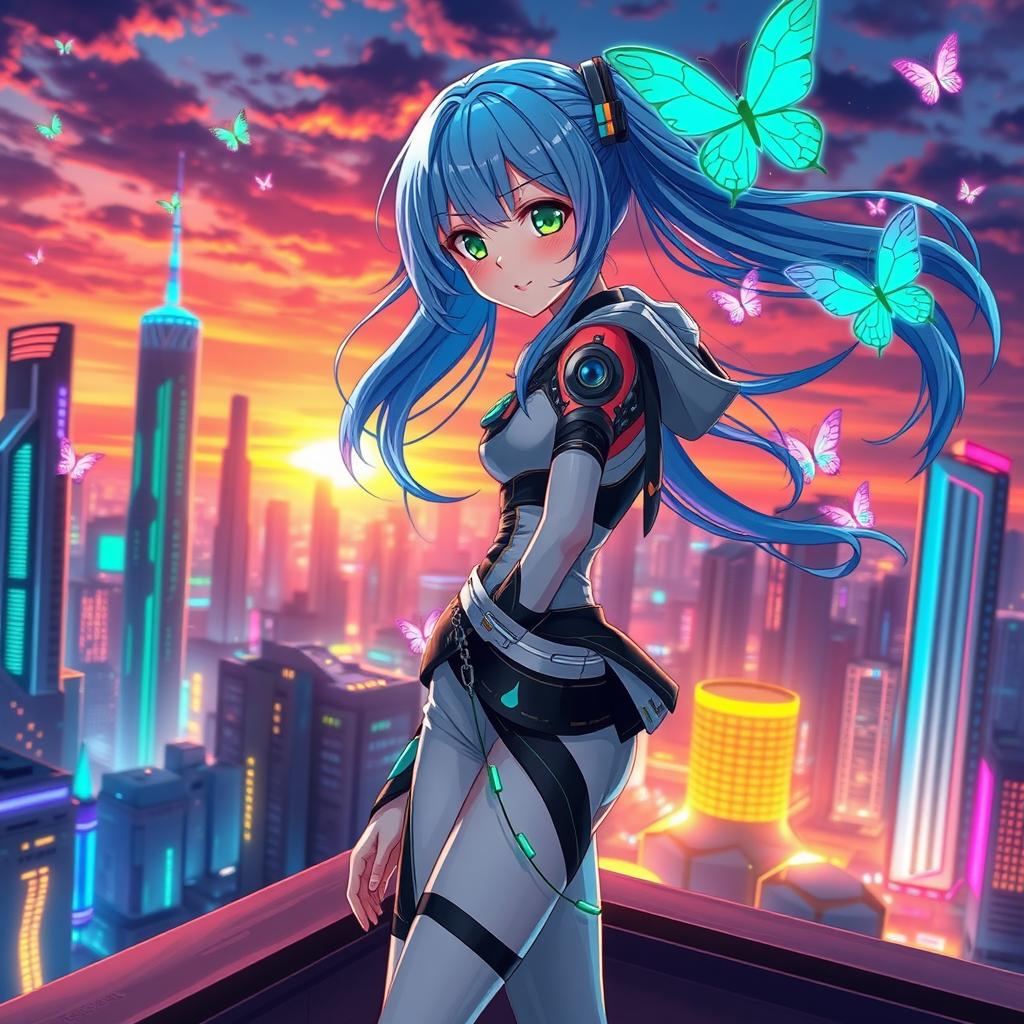 A beautiful anime character with flowing blue hair, bright green eyes, wearing a stylish, futuristic outfit that blends elements of cyberpunk and fantasy