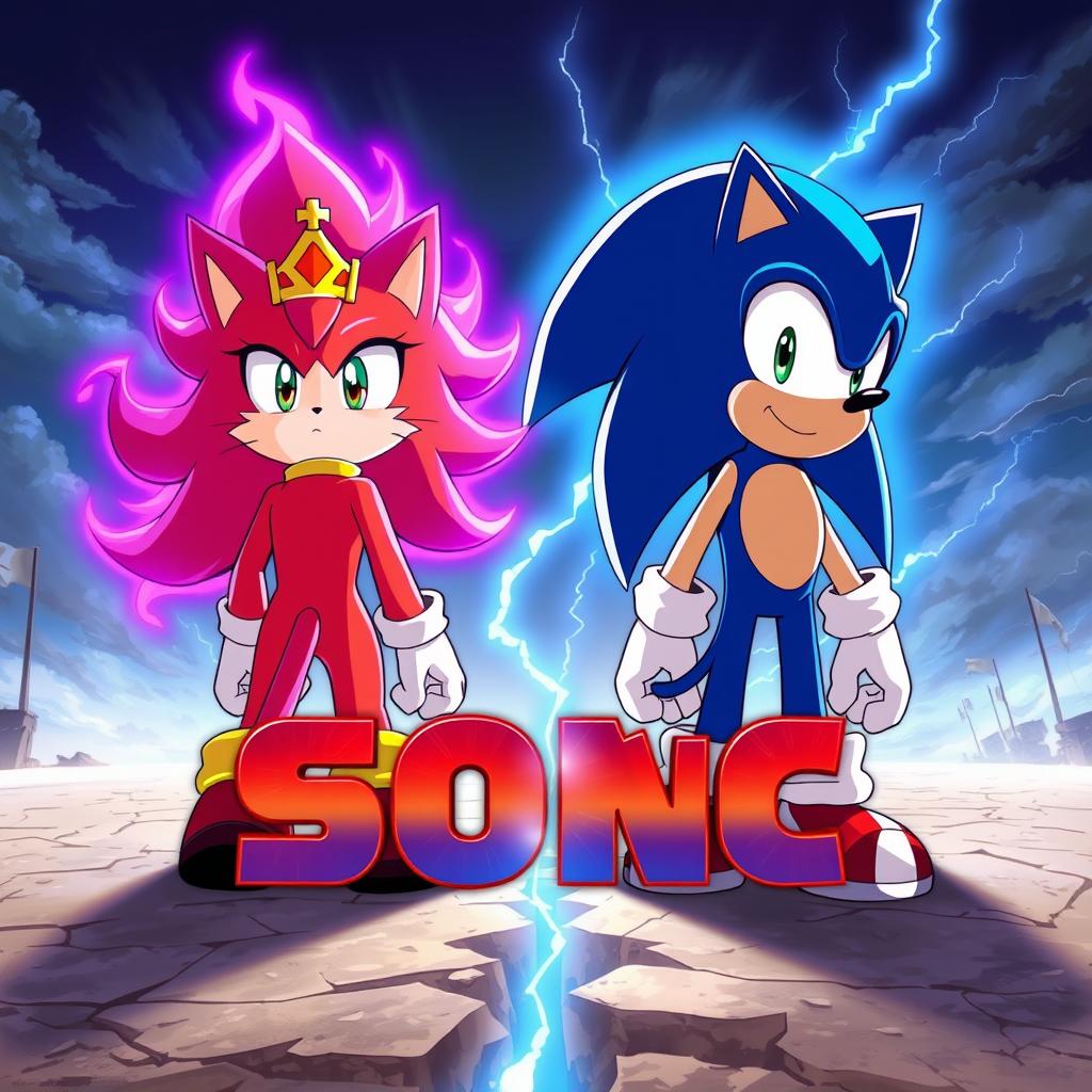 A realistic anime-style illustration featuring Blaze the Cat and Sonic the Hedgehog from the back, positioned as if they are on opposing sides