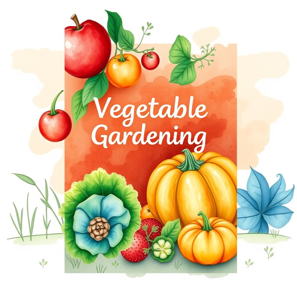 A portrait A4 watercolor book cover design featuring vibrant colors focused on the theme of vegetable gardening aimed at self-sufficiency in the Marne climate