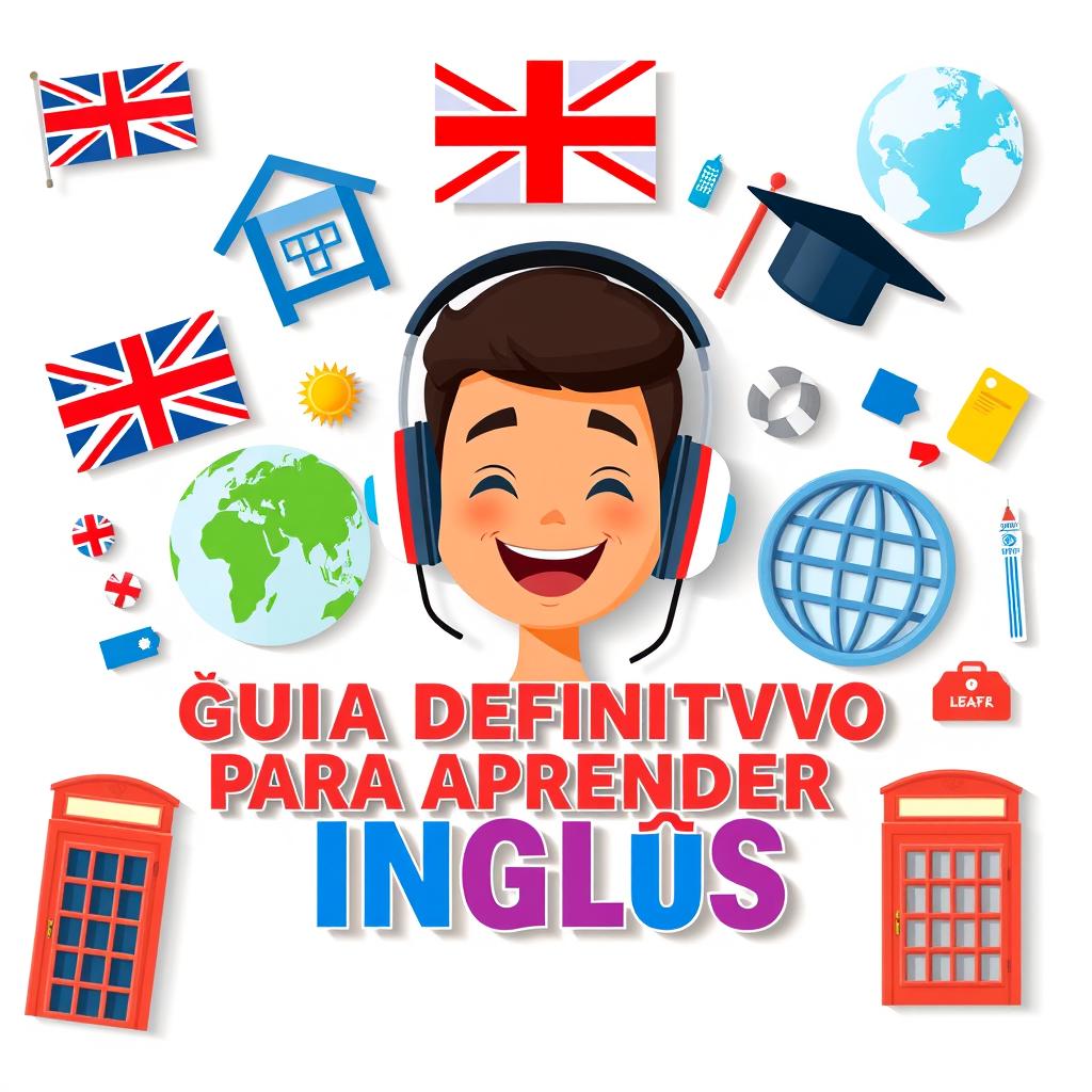 A flat design graphic layout featuring various icons and symbols related to learning English