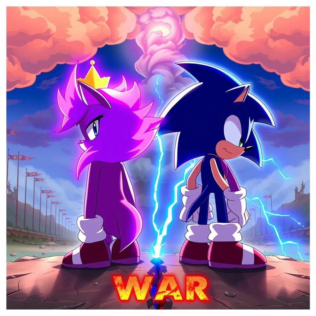 A realistic anime-style illustration featuring Blaze the Cat and Sonic the Hedgehog from behind, positioned as if they are on opposing sides