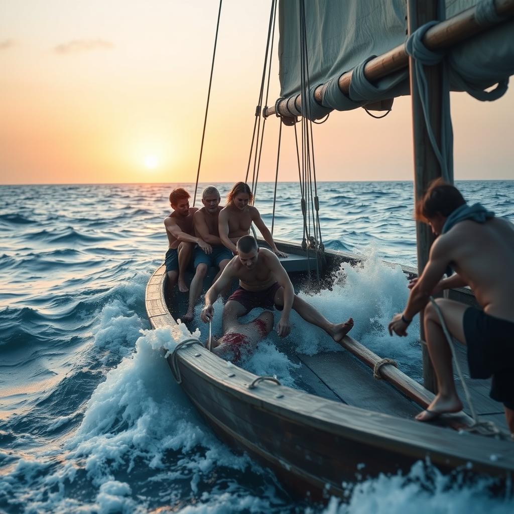 A dramatic scene on a wooden boat in the middle of a vast ocean, showcasing a boy who is injured and bleeding due to a shark attack